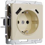 Розетка с заземлением, шторками и USB A+C (айвори акрил) W1171743